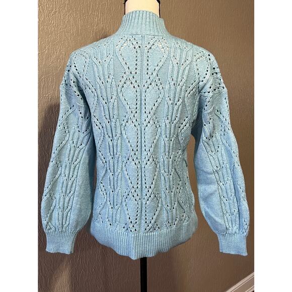 LOFT Women Wool Pointelle Mock Neck Soft Open Knit Sweater Pullover Small Blue - Picture 2 of 11